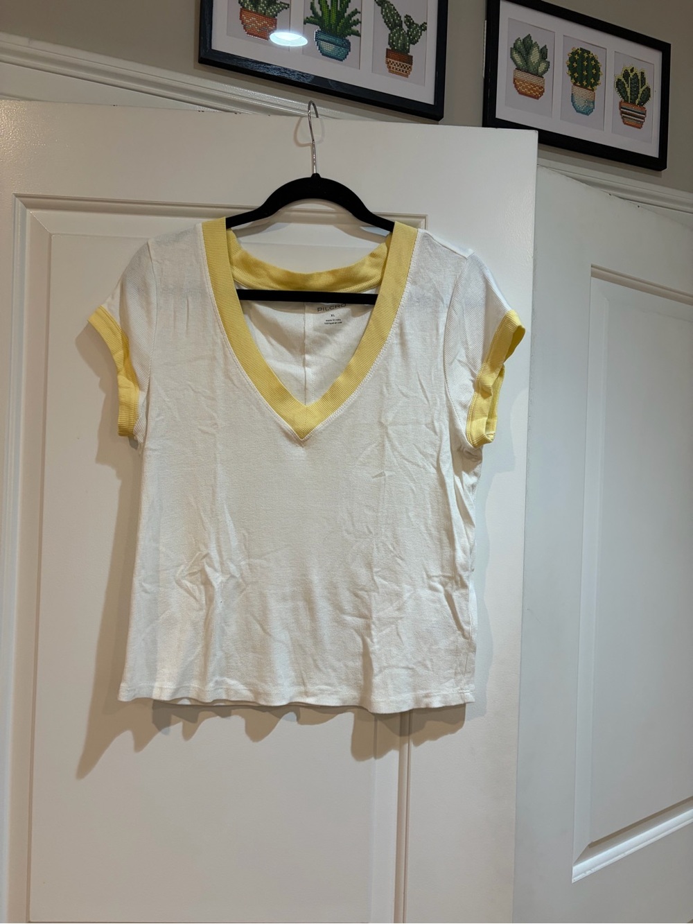 Pilcro White Short-Sleeve V-Neck Tee with Yellow Trim